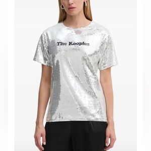The Kooples Silver Sequin Logo Tee Top XS NWT $265